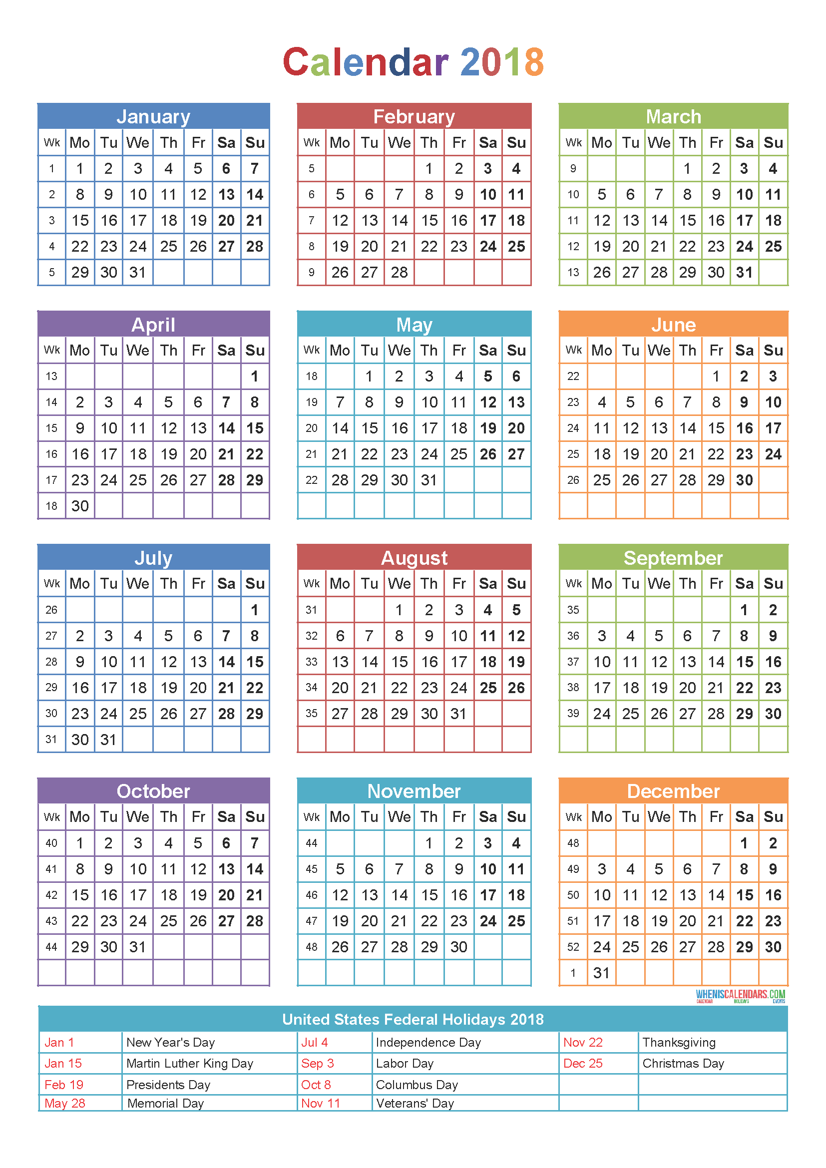 Free Printable calendar 2018 with holidays Download Free Printable