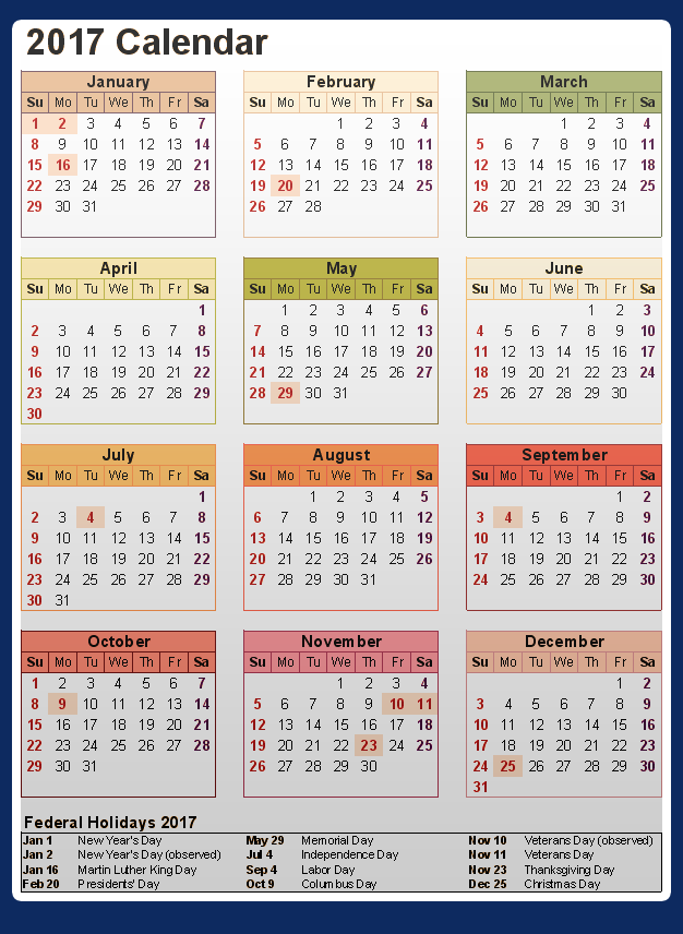 Printable calendar 2017