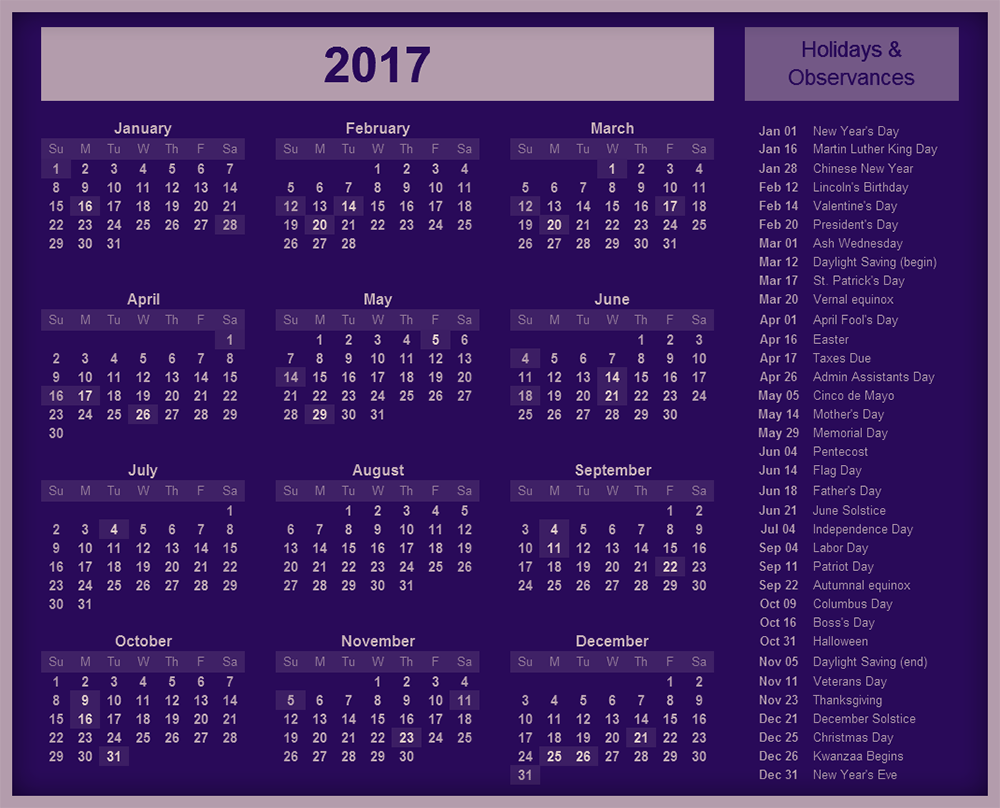 Download Printable 2017 calendar