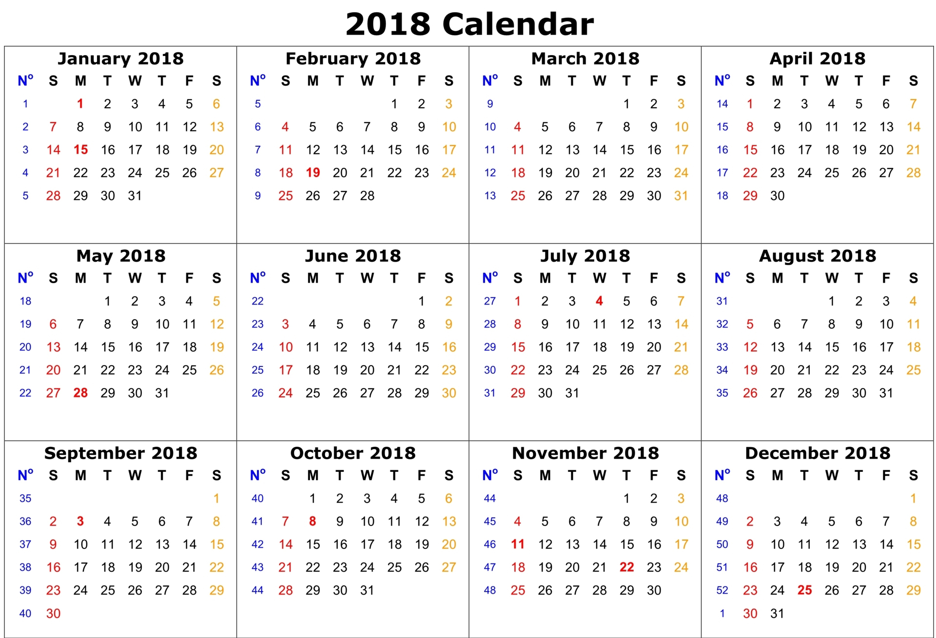 2018 calendar printable