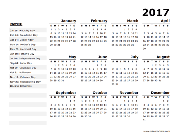 2017 calendar with holidays printable USA