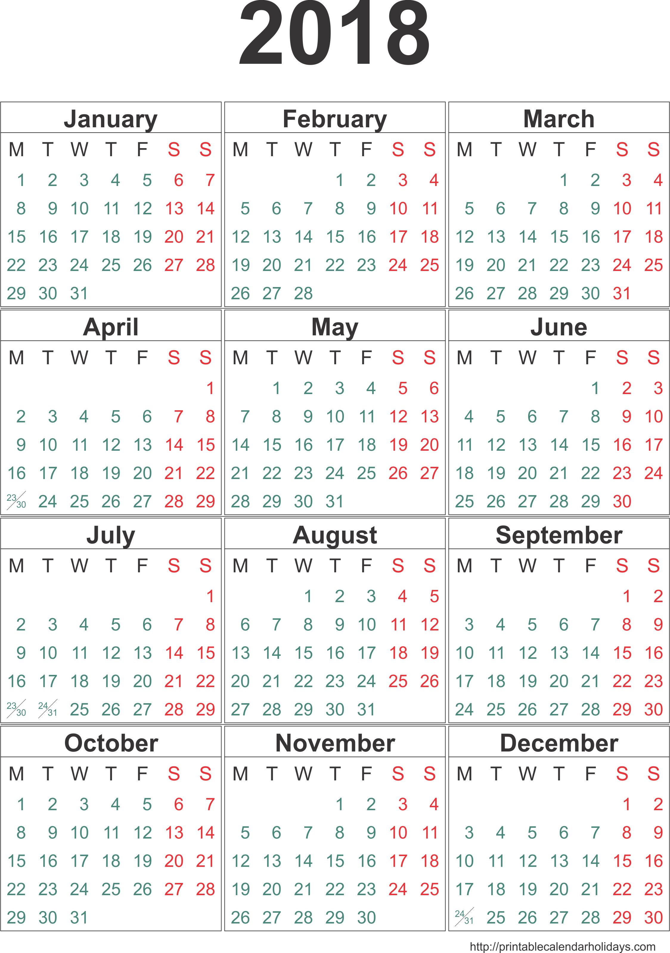 Printable calendar 2018