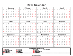 2018 calendar printable holidays