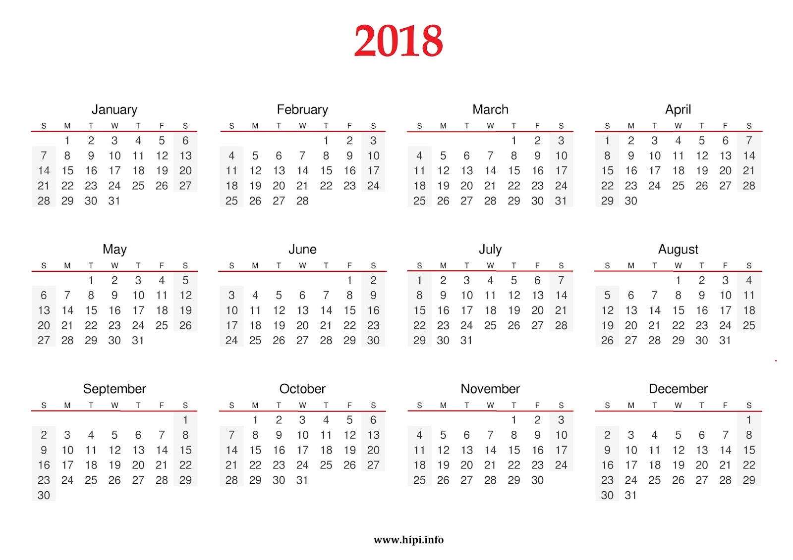 2018 calendar printable usa