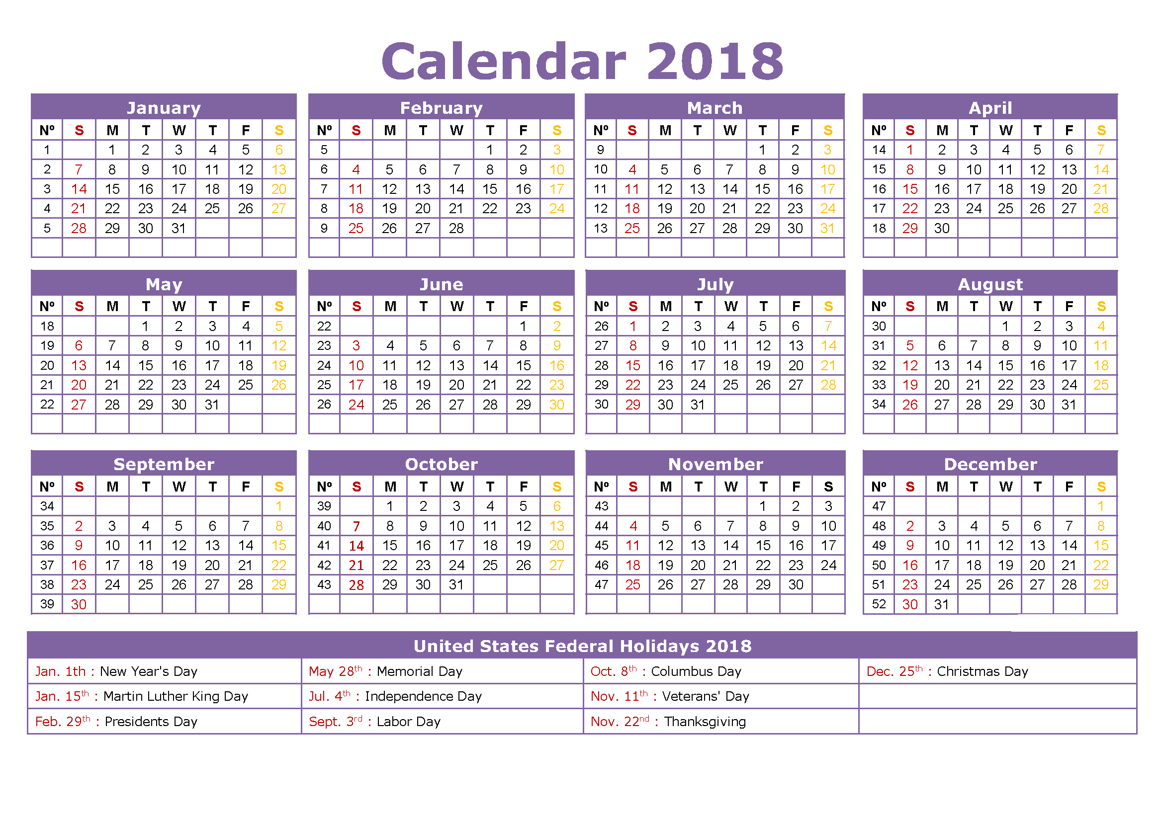 2018 calendar printable with holidays list