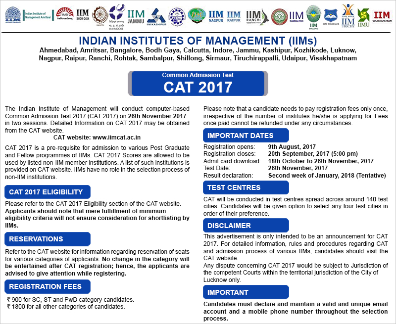 Cat 2017 notification for mba entrance exam by IIM