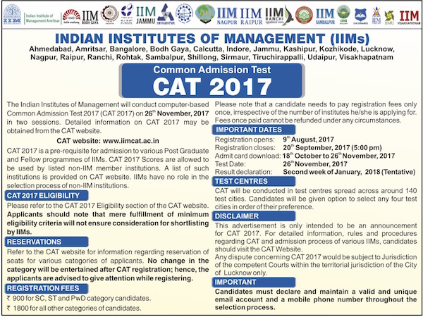 Cat 2017 notification for mba entrance exam