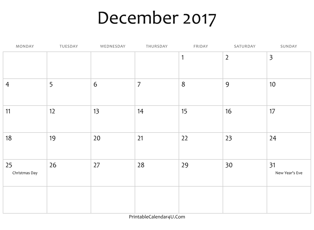 Download December 2017 calendar printable with holidays