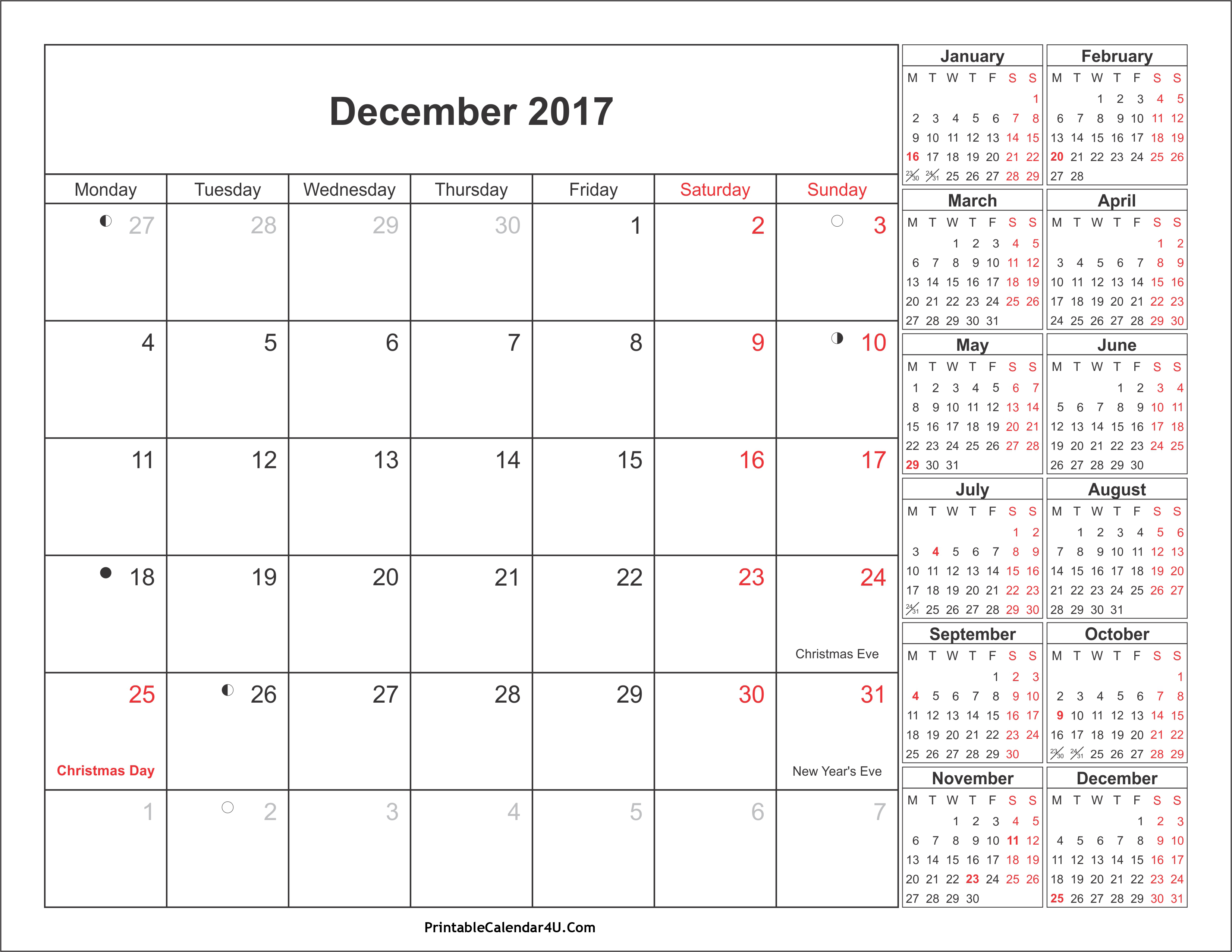 December 2017 calendar printable with holidays list