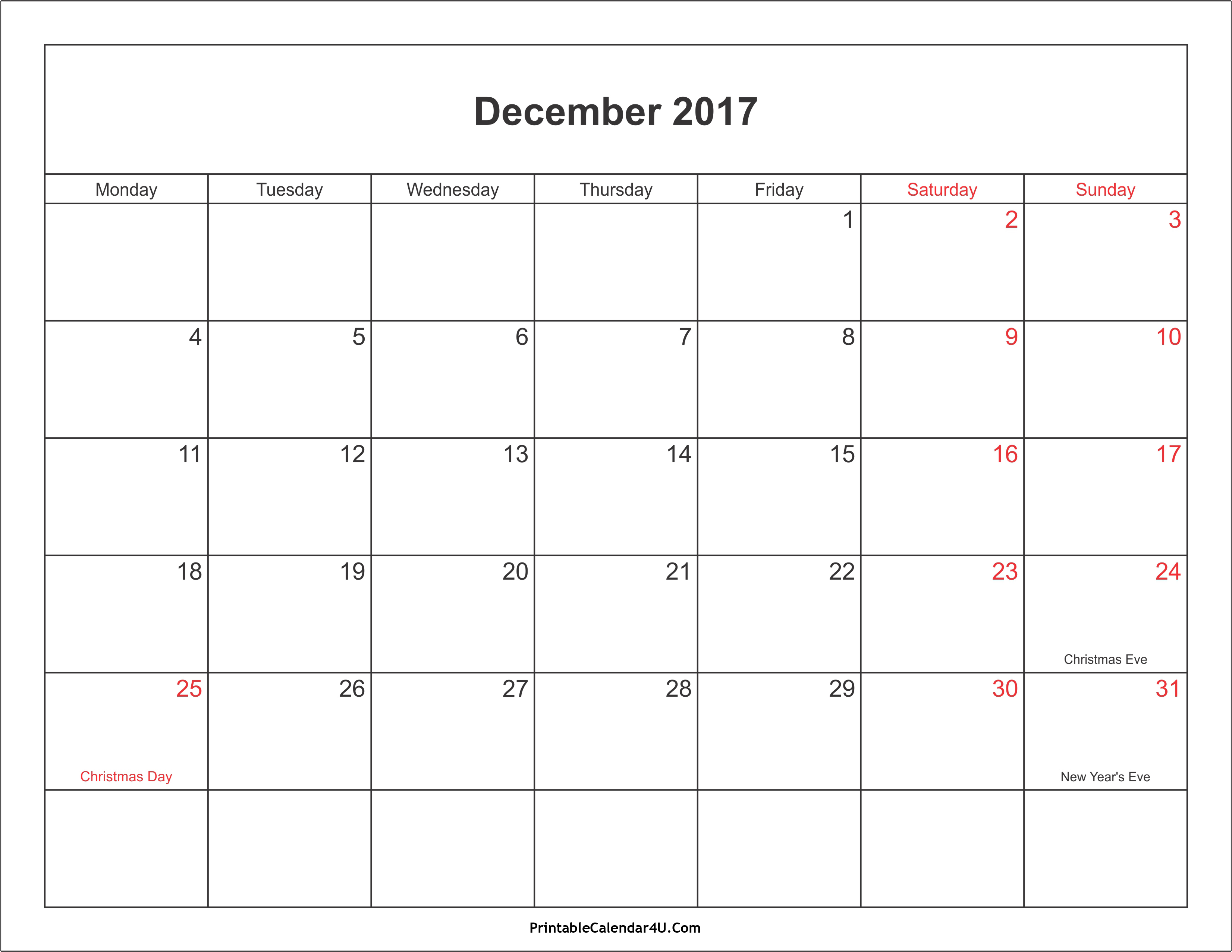 December 2017 calendar printable with holidays simple