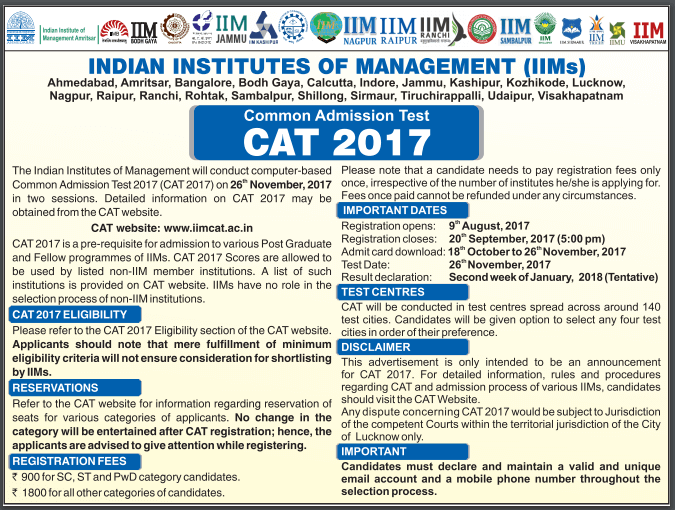 Official Cat 2017 notification for mba entrance exam