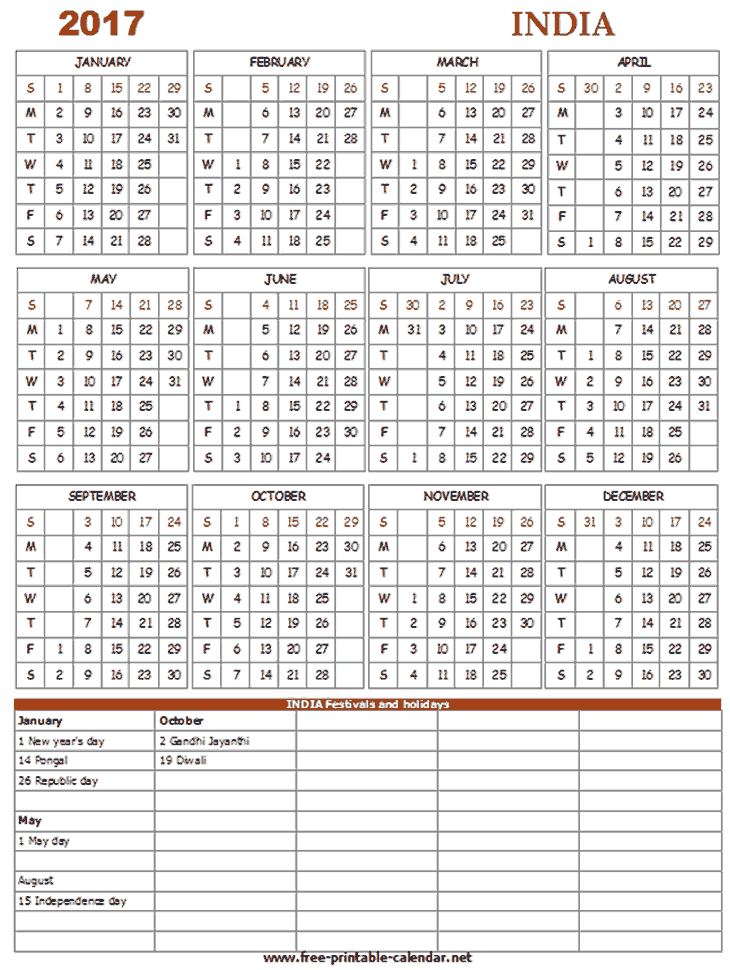 Printable Indian calendar 2017