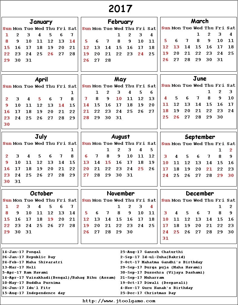 Printable indian calendar 2017 