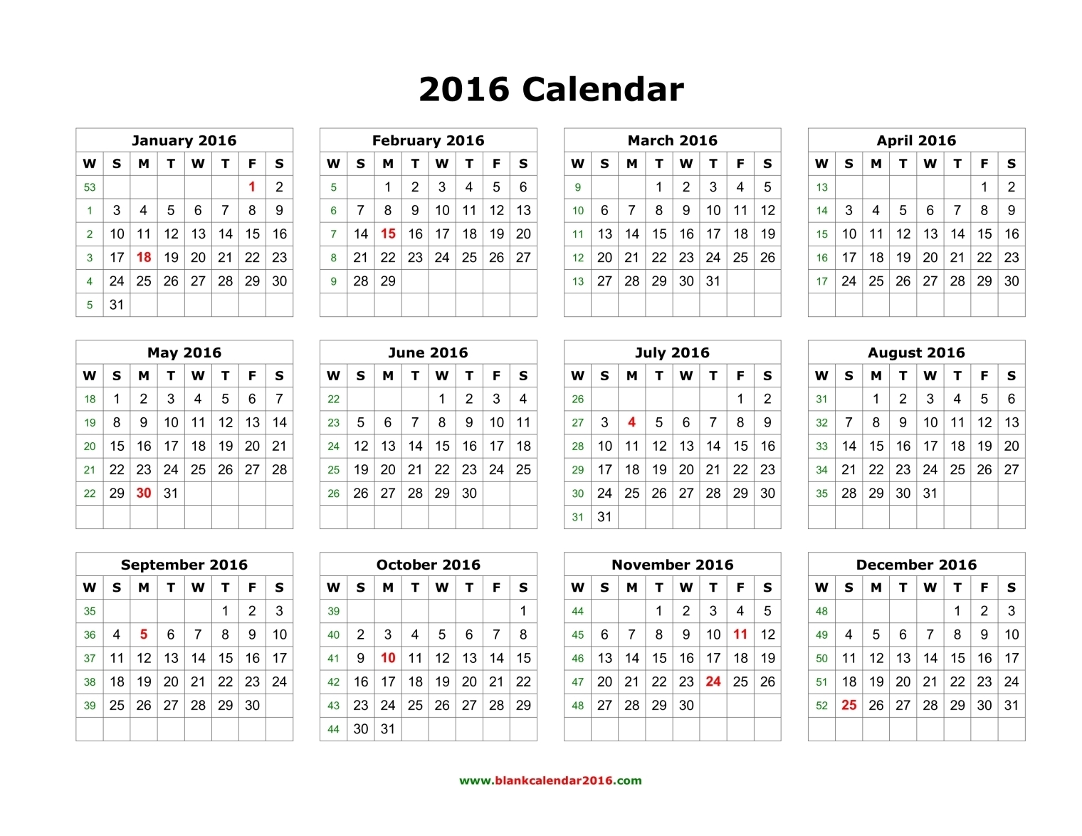 2016 printable calendar landscape format