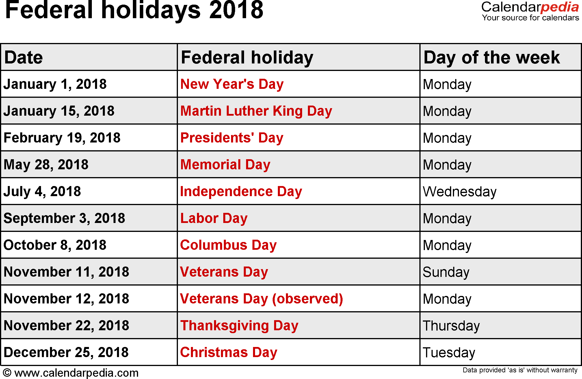 Download 2018 holidays list