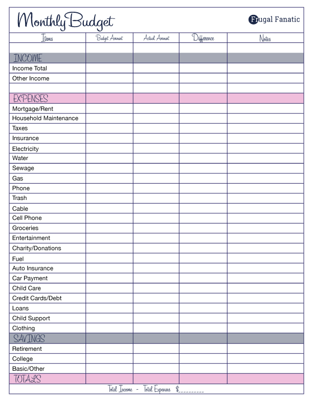 Printable budget worksheet