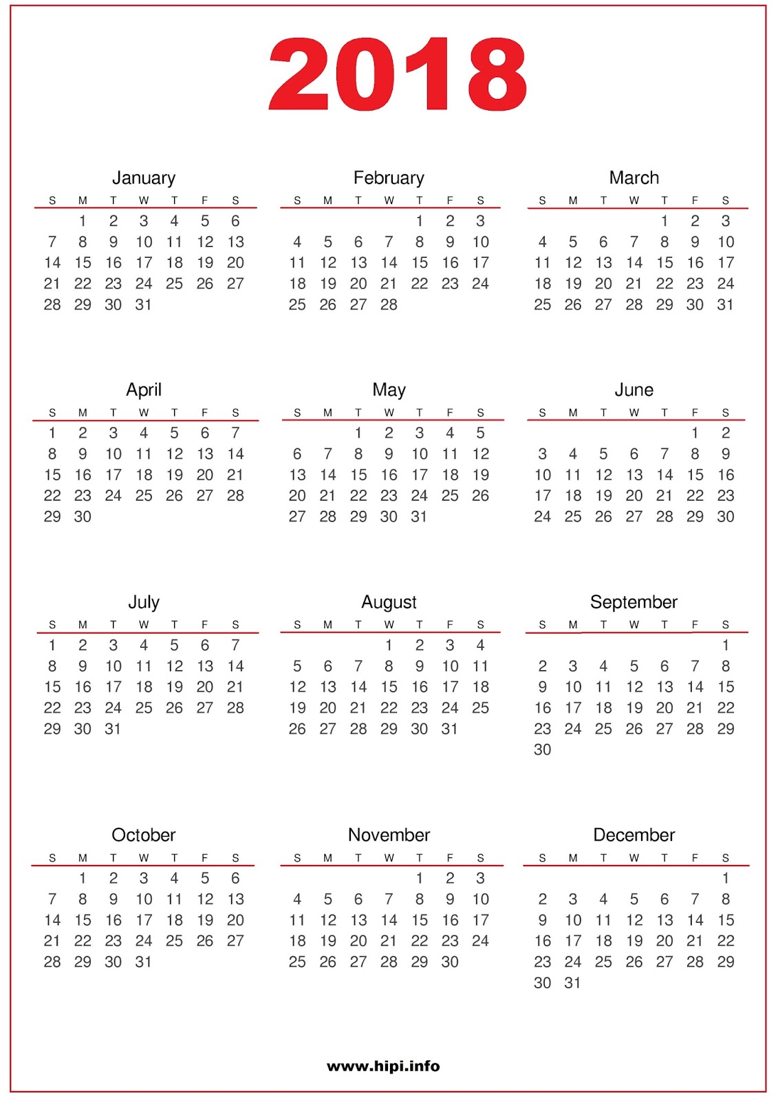 Printable calendar 2018 a4