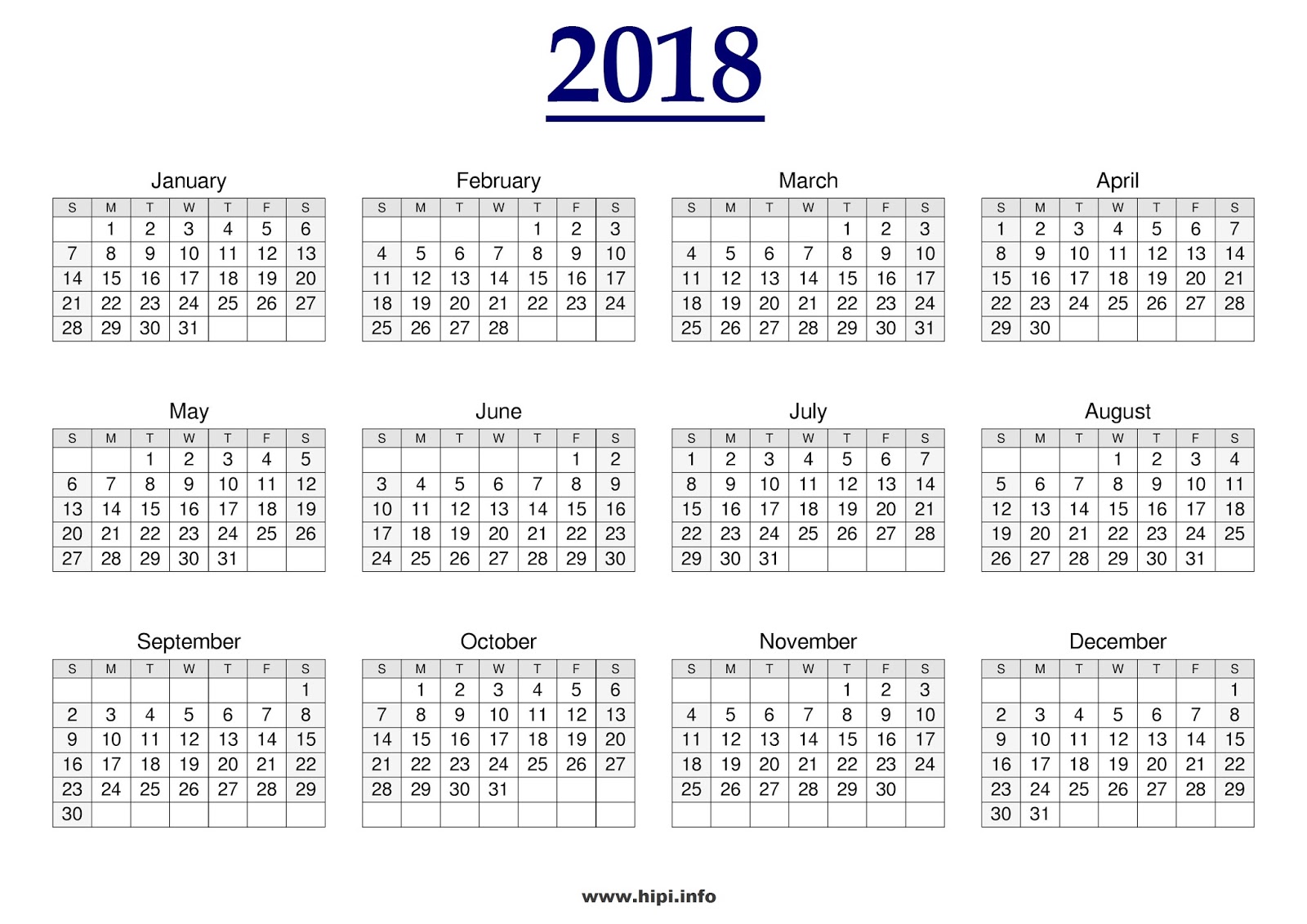 Download Printable calendar 2018 a4