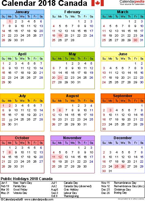 Printable calendar 2018 canada