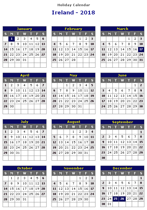 Download Printable calendar 2018 ireland