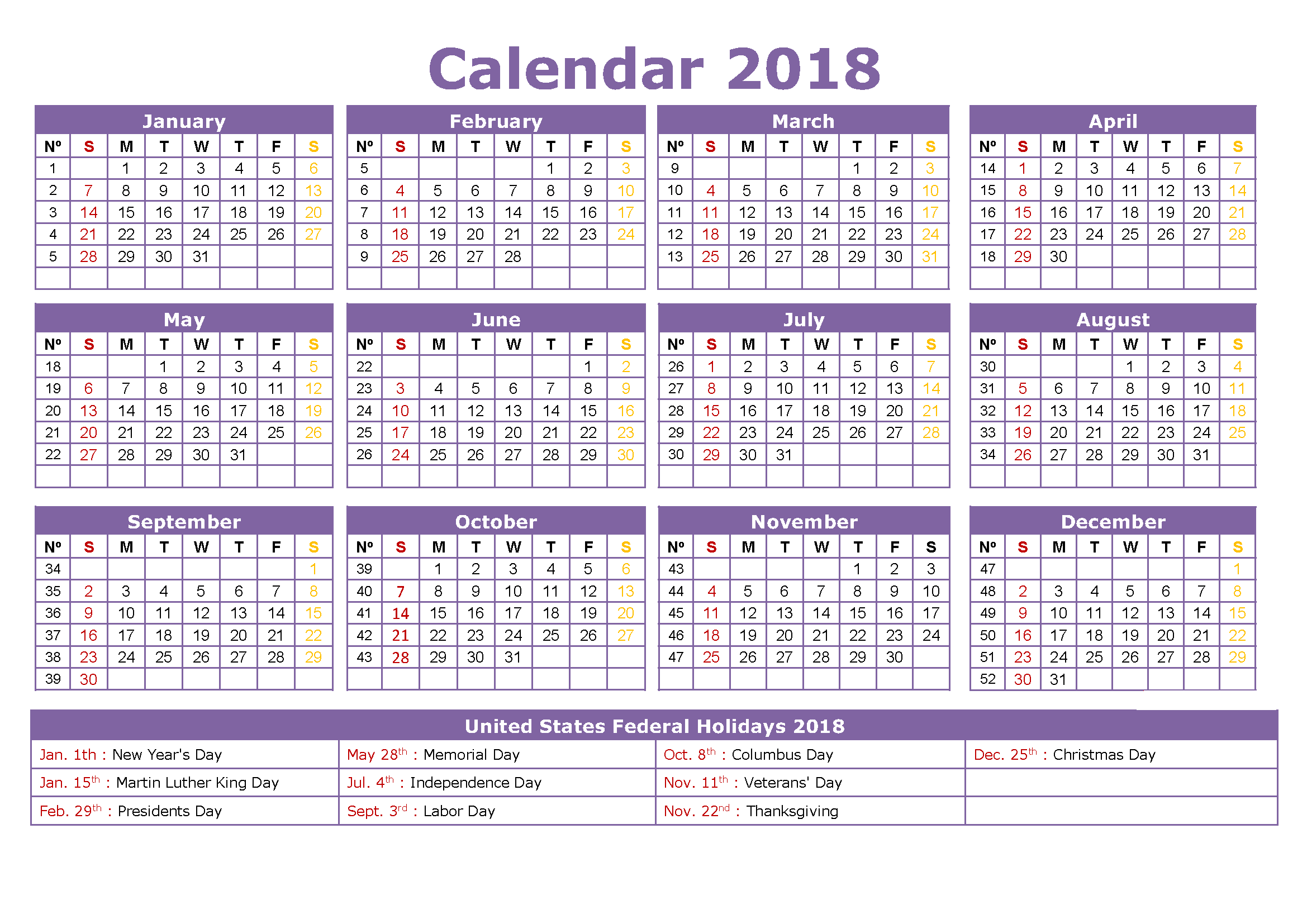 Printable calendar 2018 with holidays
