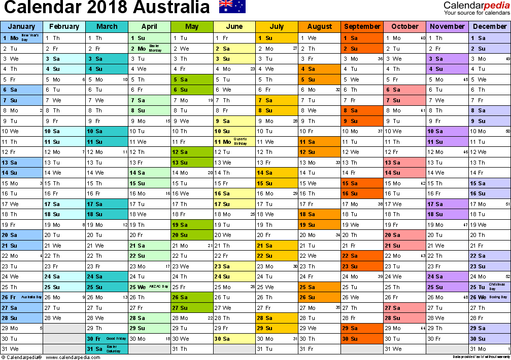 Free Printable calendar 2018 australia