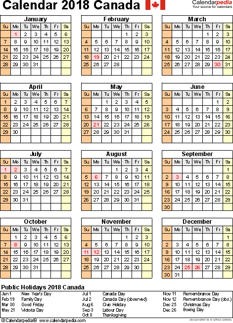 Free Printable calendar 2018 canada