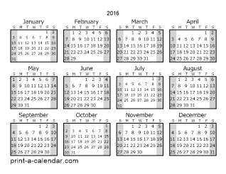 One page 2016 printable calendar