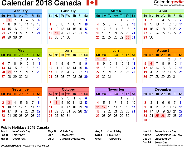 Printable Free calendar 2018 canada