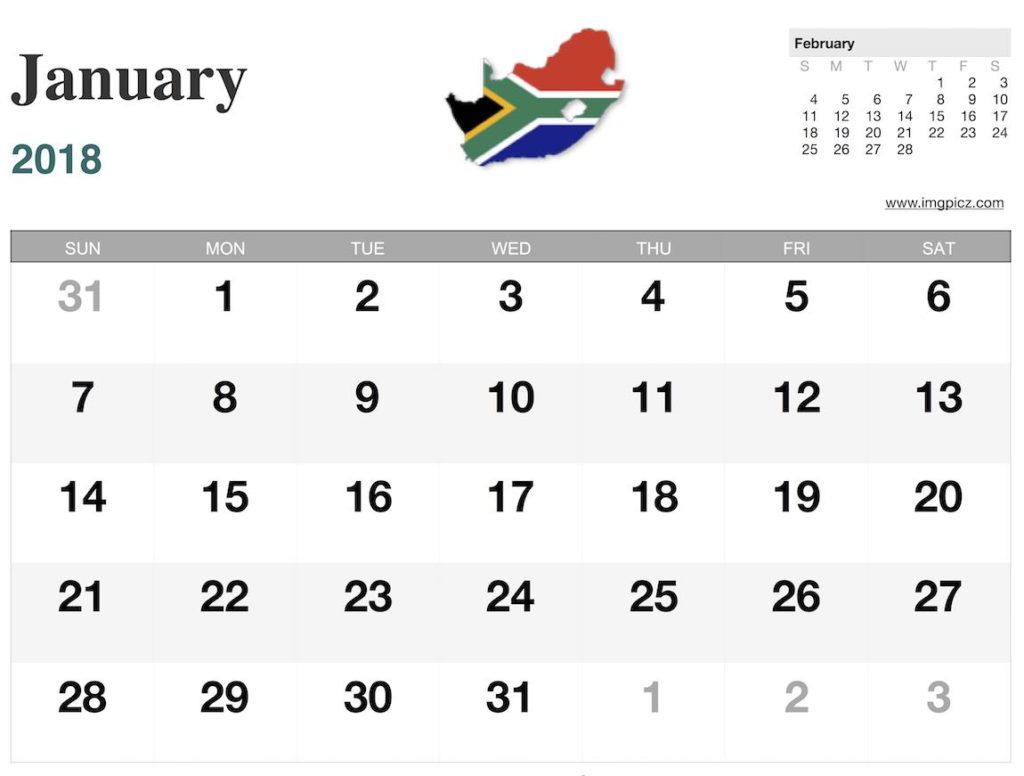 Printable January calendar 2018 south africa