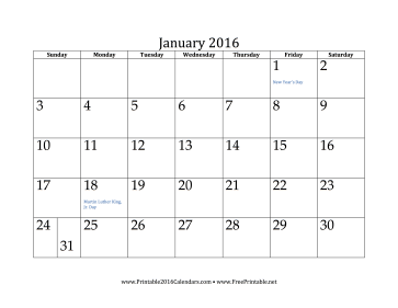 Printable calendar 2016 January