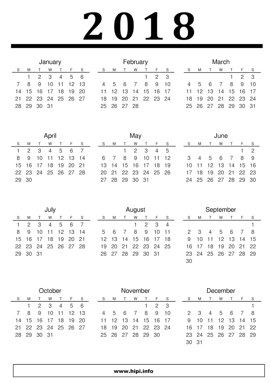 Printable calendar 2018 a4