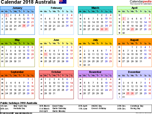 Printable calendar 2018 australia