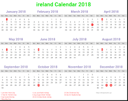 Printable calendar 2018 ireland holiday