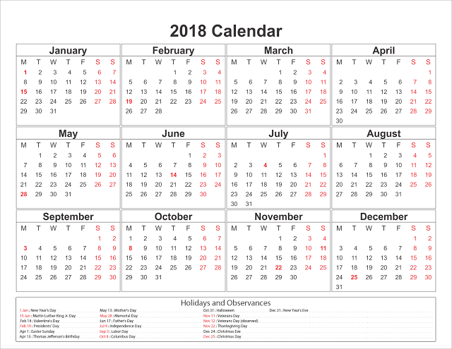 Printable calendar 2018 usa with holidays list for schools, government offices