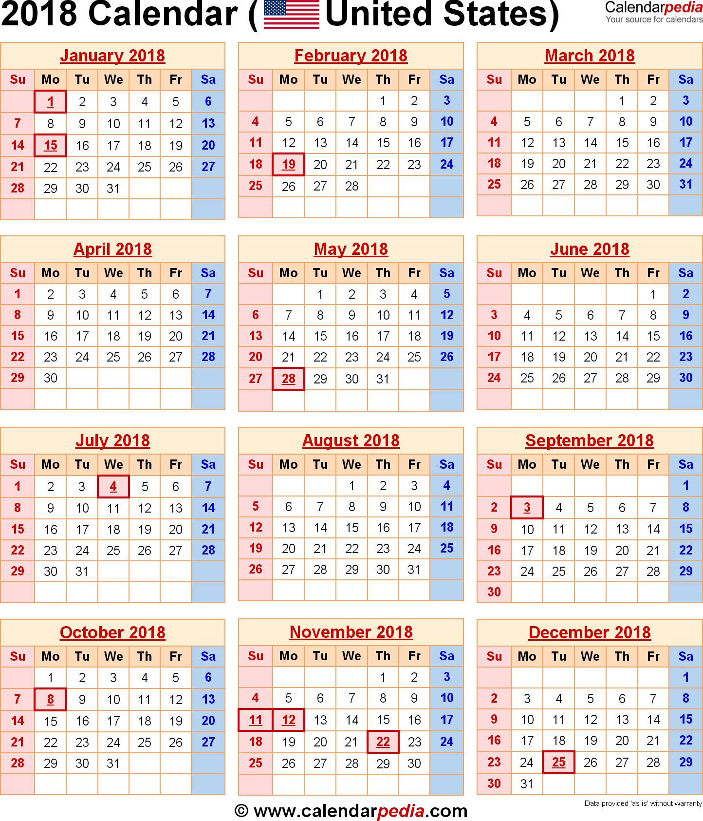 Download Printable calendar 2018 usa of all months in one page