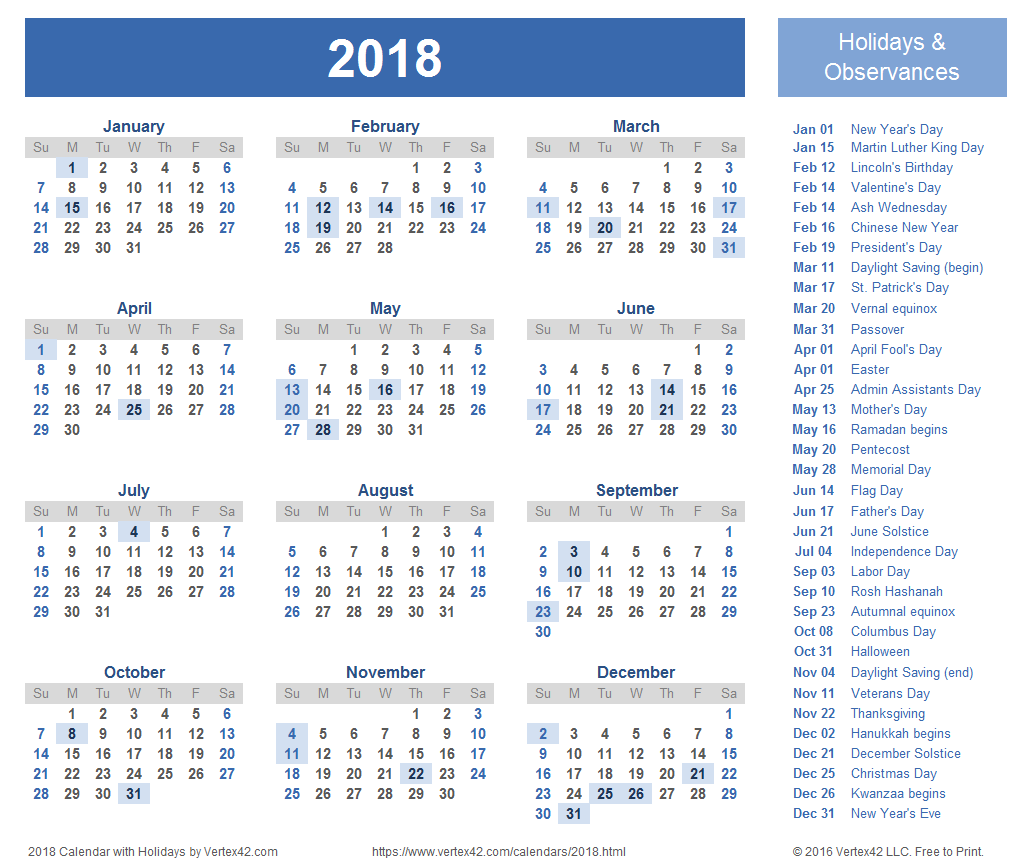 Printable calendar 2018 with holidays