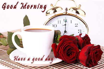 Send Free Good morning sms with tea clock and rose images