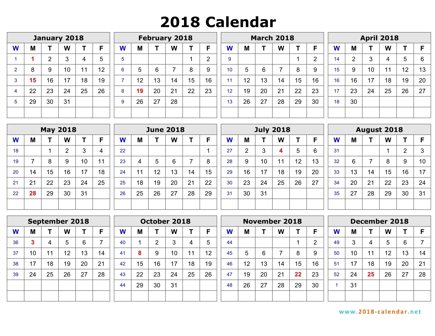 2018 calendar with week numbers printable template