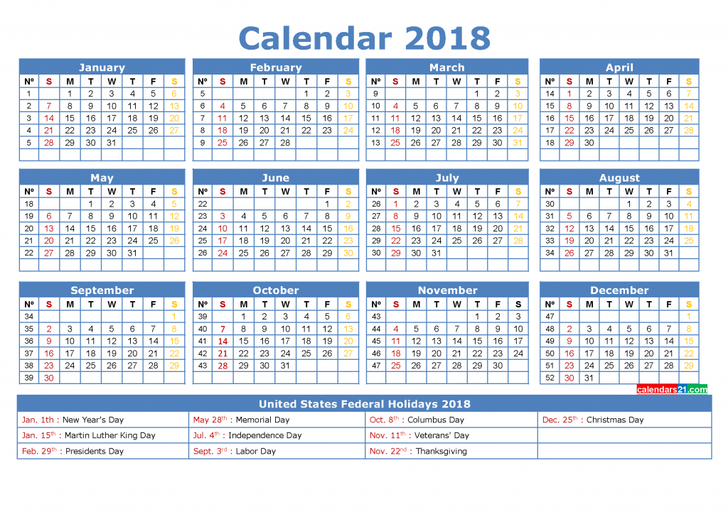 2018 calendar with week numbers printable with holidays list