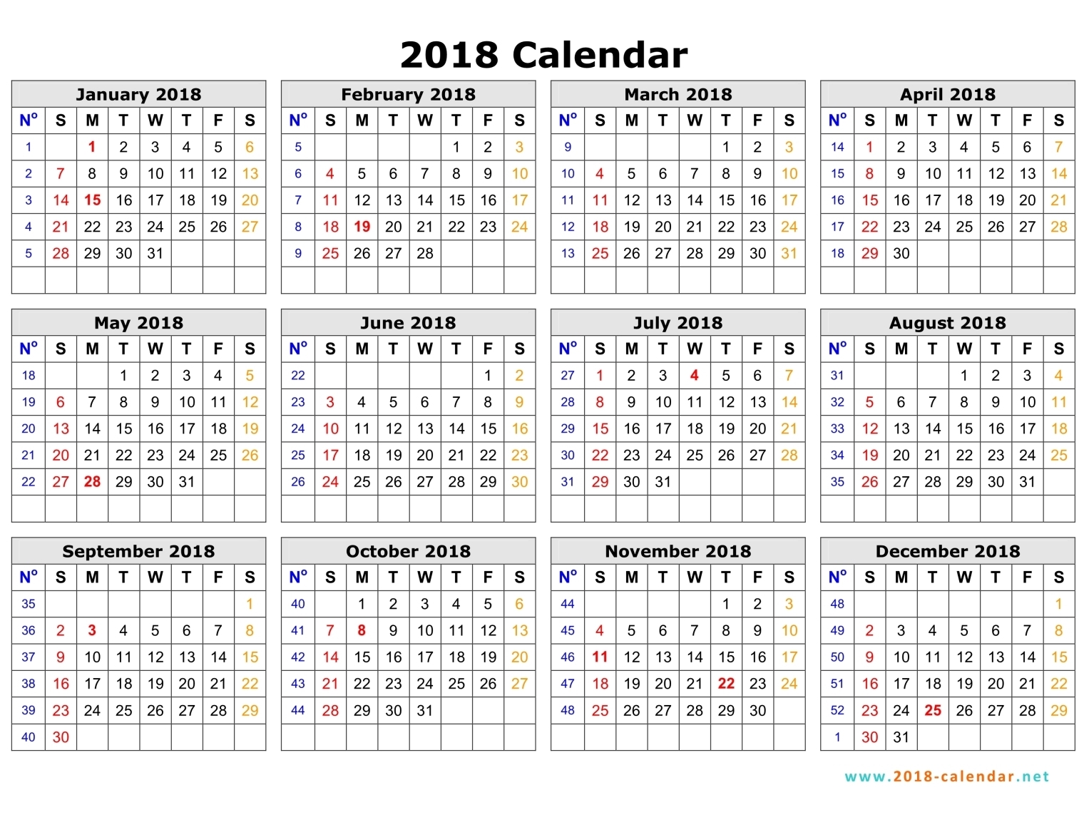 2018 calendar with week numbers printable