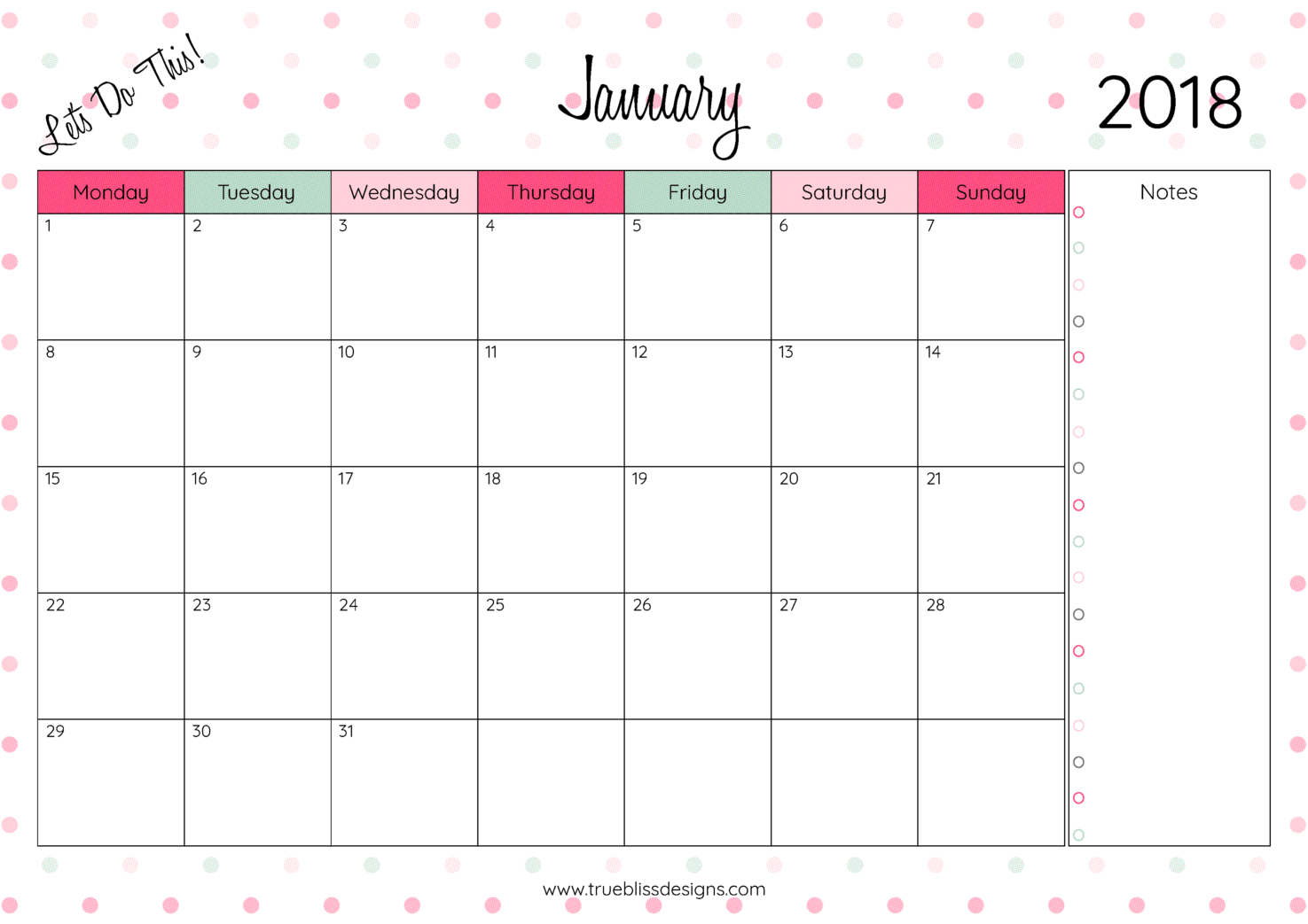 2018 printable monthly calendar