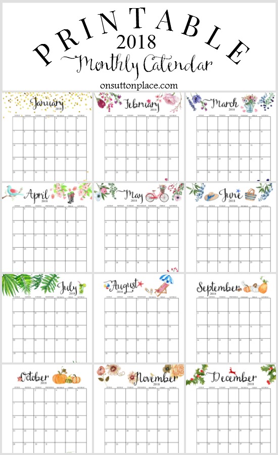 2018 printable monthly calendar