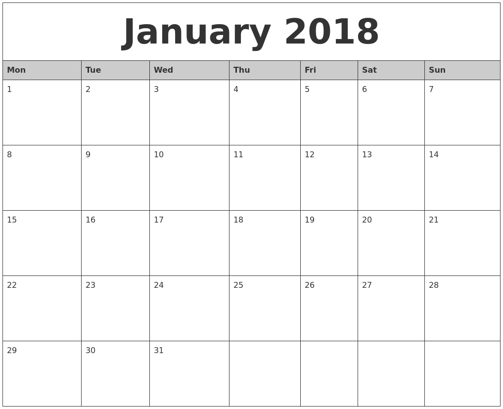 2018 printable monthly calendar of January