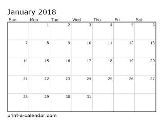 2018 printable monthly calendar of january month