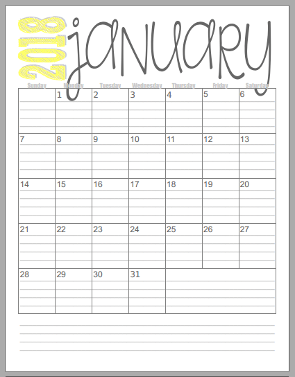 2018 printable monthly calendar