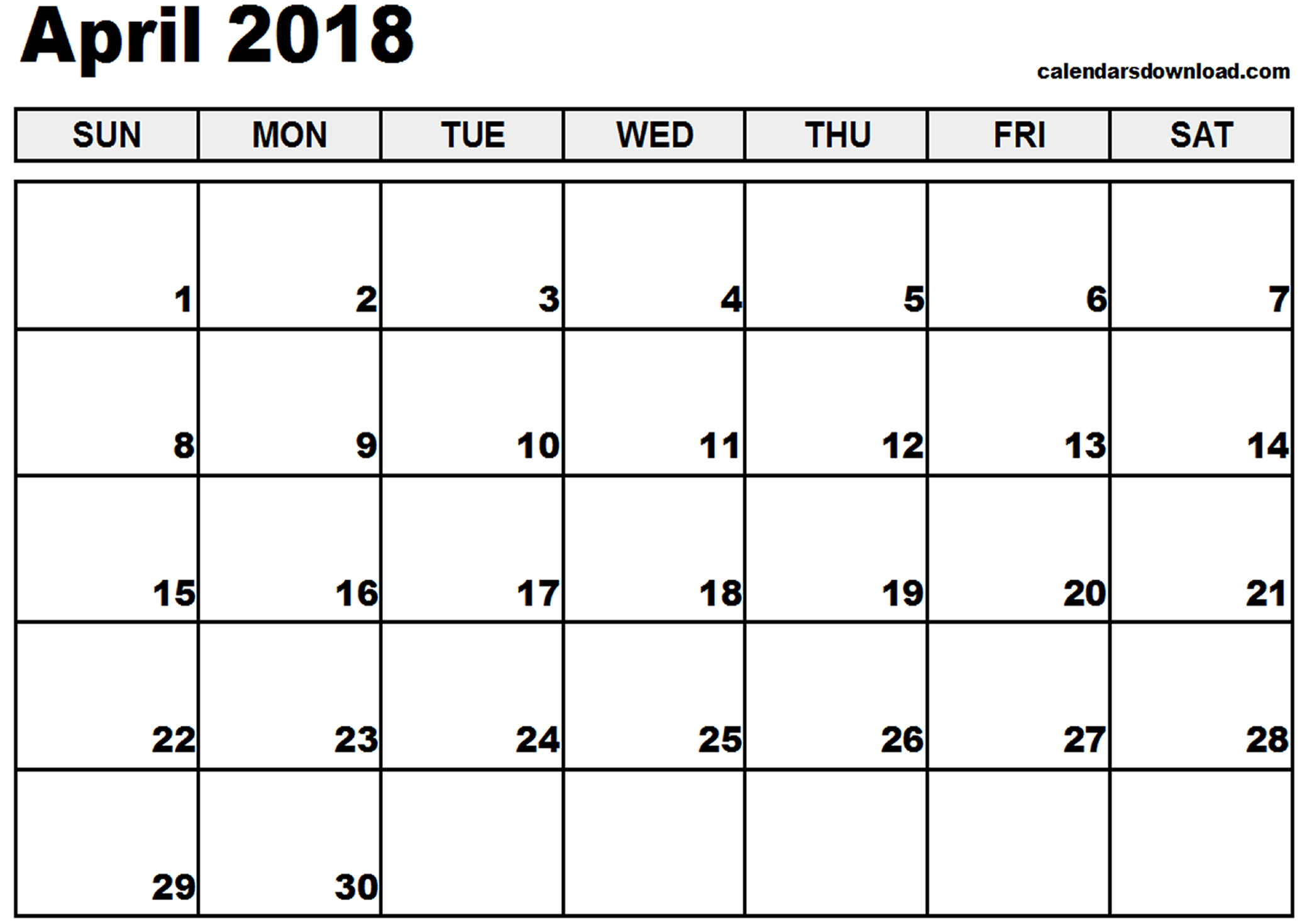 April 2018 printable calendar free