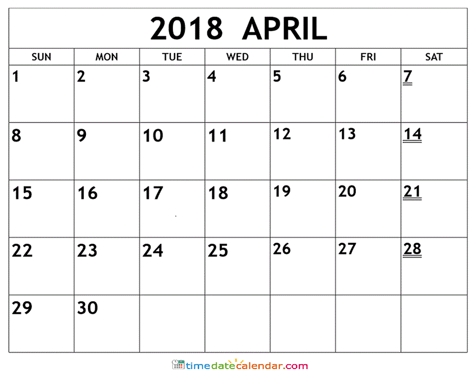 April 2018 printable calendar