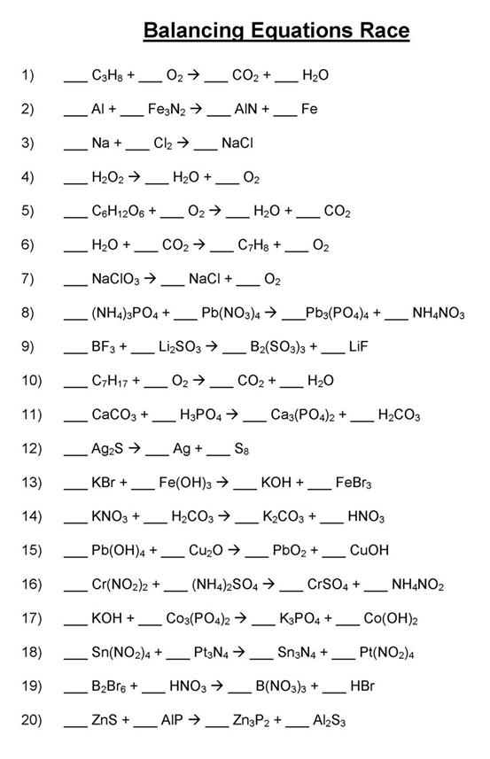 Balancing chemical equations worksheet printable
