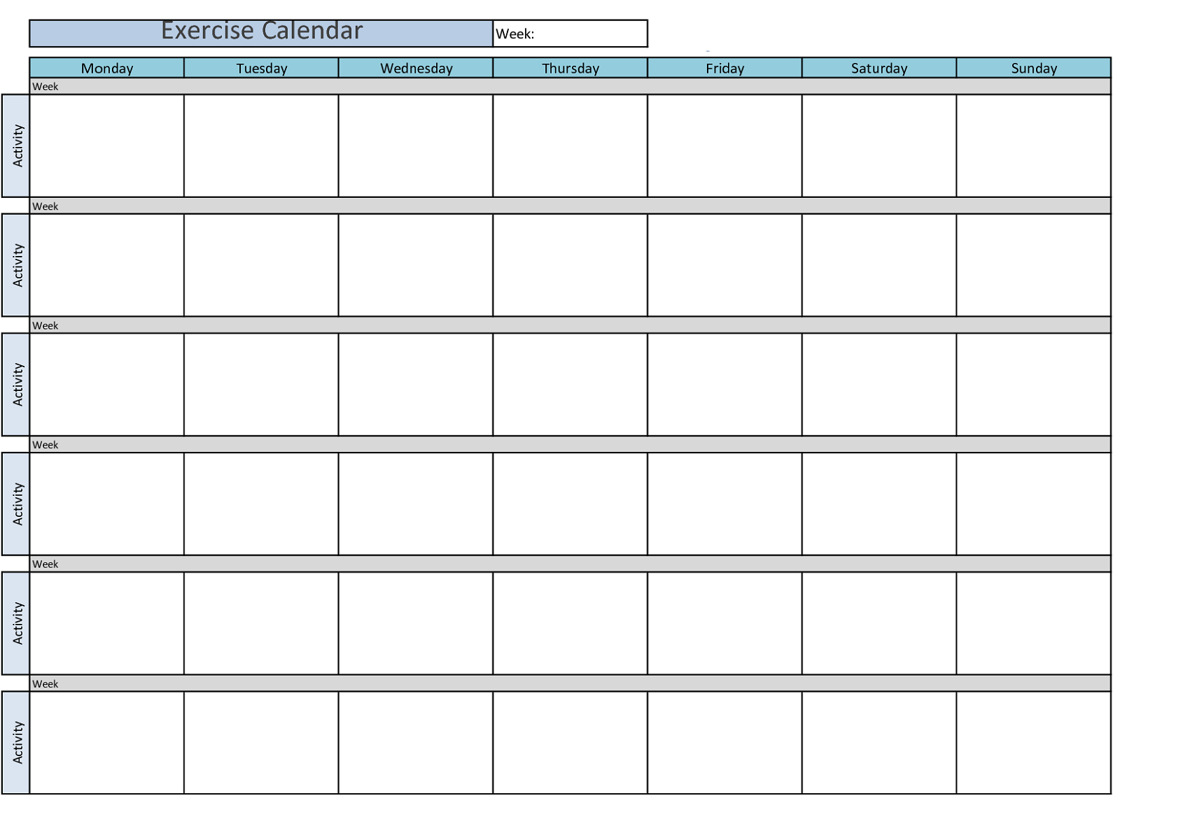 Blank Printable workout calendar template free